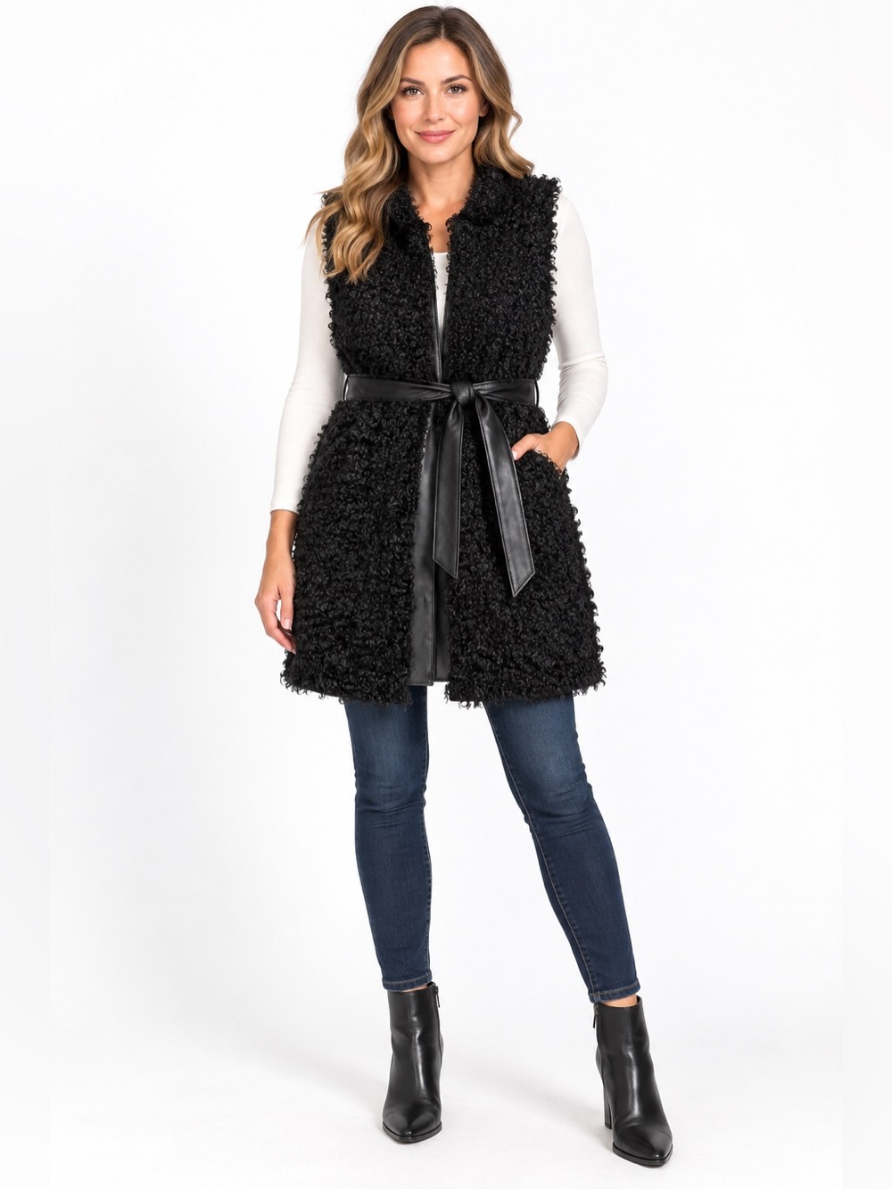 Calvin Klein Women’s M Black Faux Fur Sherpa Long Vest Belted Faux Leather